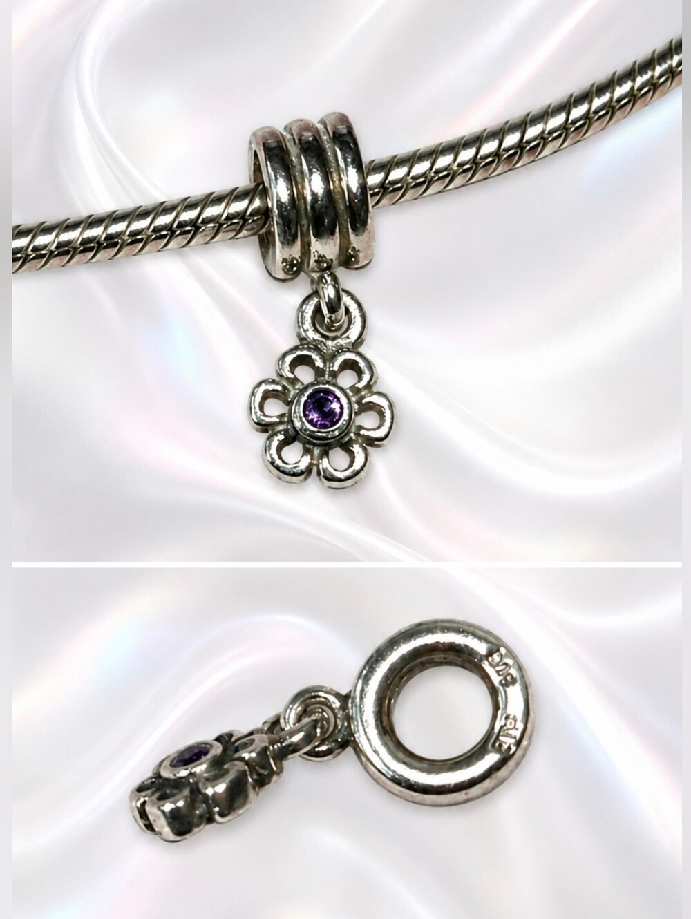 Vintage Pandora SS Dangle Flower Charm with Purple Gem Charm.